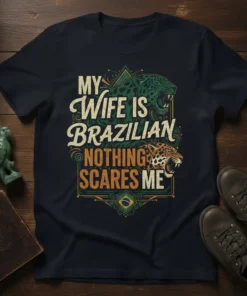 My Wife Is Brazilian Nothing Scares Me t-shirt with jaguar graphics and Brazilian flag