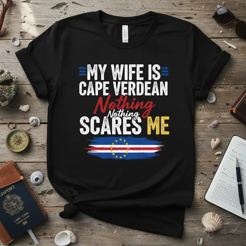 My Wife Is Cape Verdean Nothing Scares Me quote with Cape Verde flag graphic on t-shirt