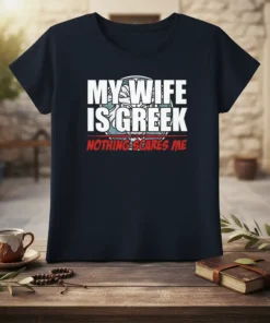 My Wife Is Greek Nothing Scares Me text design on a dark t-shirt with distressed graphic elements