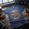 My Wife Is Hotter Than You text design with vintage roses and crossed revolvers on a blue t-shirt