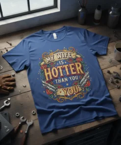 My Wife Is Hotter Than You text design with vintage roses and crossed revolvers on a blue t-shirt