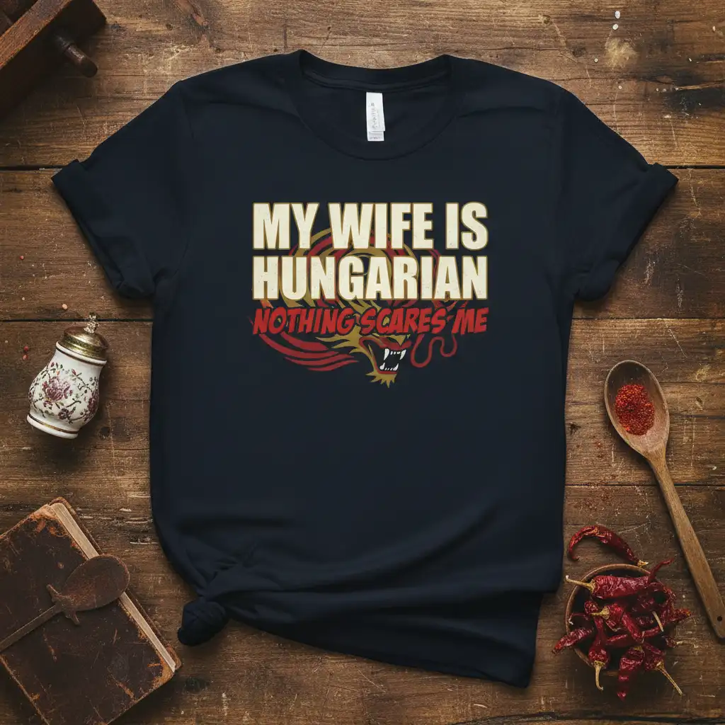 MY WIFE IS HUNGARIAN NOTHING SCARES ME text with red dragon design on a navy t-shirt