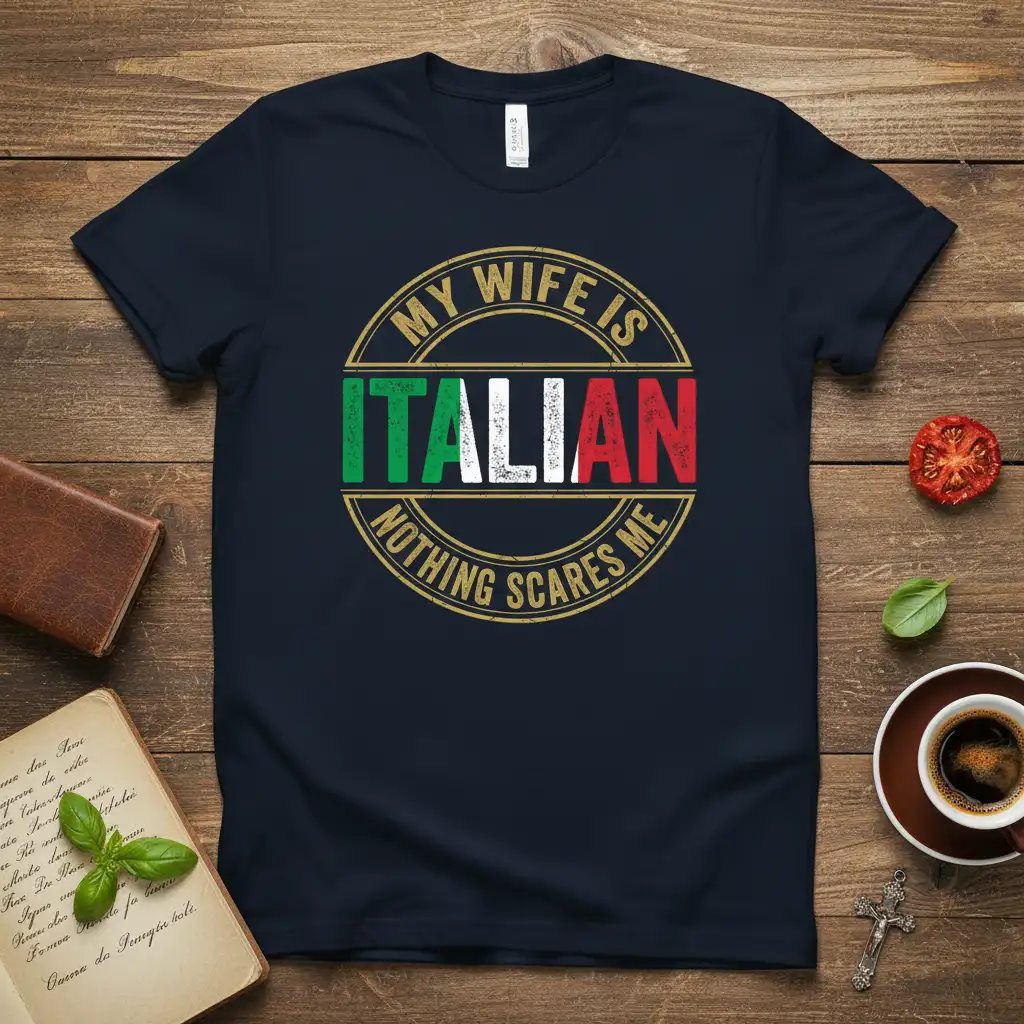 My Wife Is Italian Nothing Scares Me t-shirt design with Italian flag accent and distressed typography