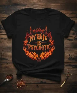 Black t-shirt with "My Wife IS PSYCHOTIC" text surrounded by red and orange flames and devil horns