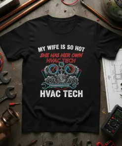 Black t-shirt design featuring text "My Wife Is So Hot She Has Her Own HVAC Tech" and "HVAC TECH" with
