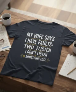 T-shirt with the funny quote "MY WIFE SAYS I HAVE FAULTS: TWO FLISTEN I DON'T LISTEN & SOMETHING ELSE" in