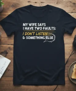 Black t-shirt with white and yellow text: "MY WIFE SAYS I HAVE TWO FAULTS: I DON'T LISTEN & SOMETHING ELSE"