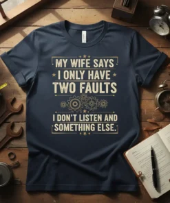 Navy t-shirt with "MY WIFE SAYS I ONLY HAVE TWO FAULTS I DON'T LISTEN AND SOMETHING ELSE." quote in distressed