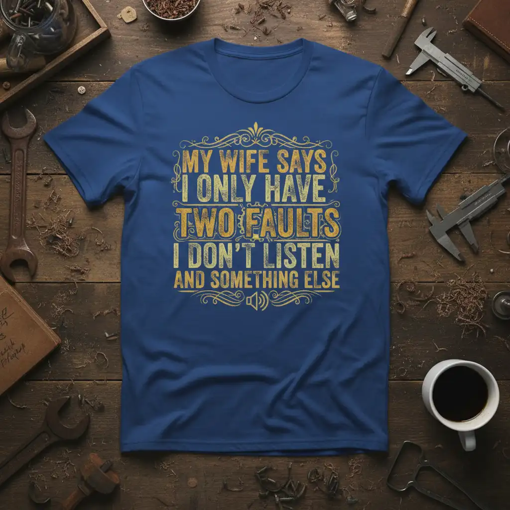 My Wife Says I Only Have Two Faults I Don't Listen And Something Else quote on blue t-shirt design