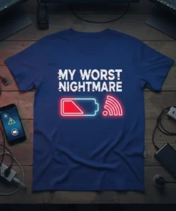 T-shirt design with text "MY WORST NIGHTMARE" above a graphic of a low battery icon and a Wi-Fi symbol