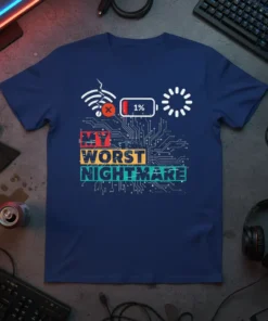 My Worst Nightmare t-shirt design with broken Wi-Fi, 1% battery, and loading circle icons on a circuit board background