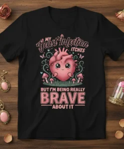 My Yeast Infection Itches But I'm Being Really BRAVE About It quote on a black t-shirt with a cute, anthropomorphic