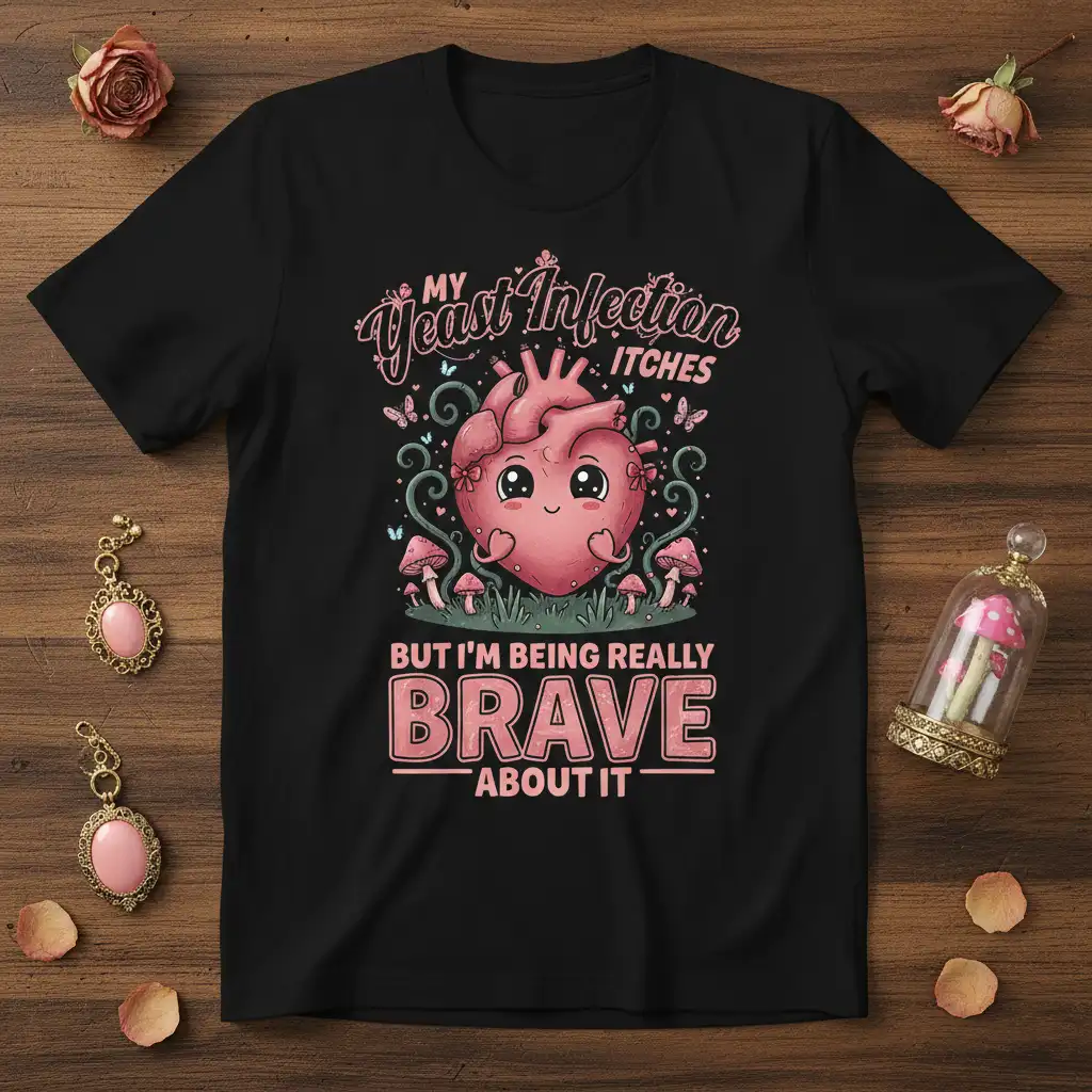 My Yeast Infection Itches But I'm Being Really BRAVE About It quote with cute heart and mushroom graphic on black tee