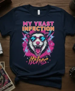 My Yeast Infection Itches t-shirt design with a cool opossum wearing sunglasses and retro lightning bolts