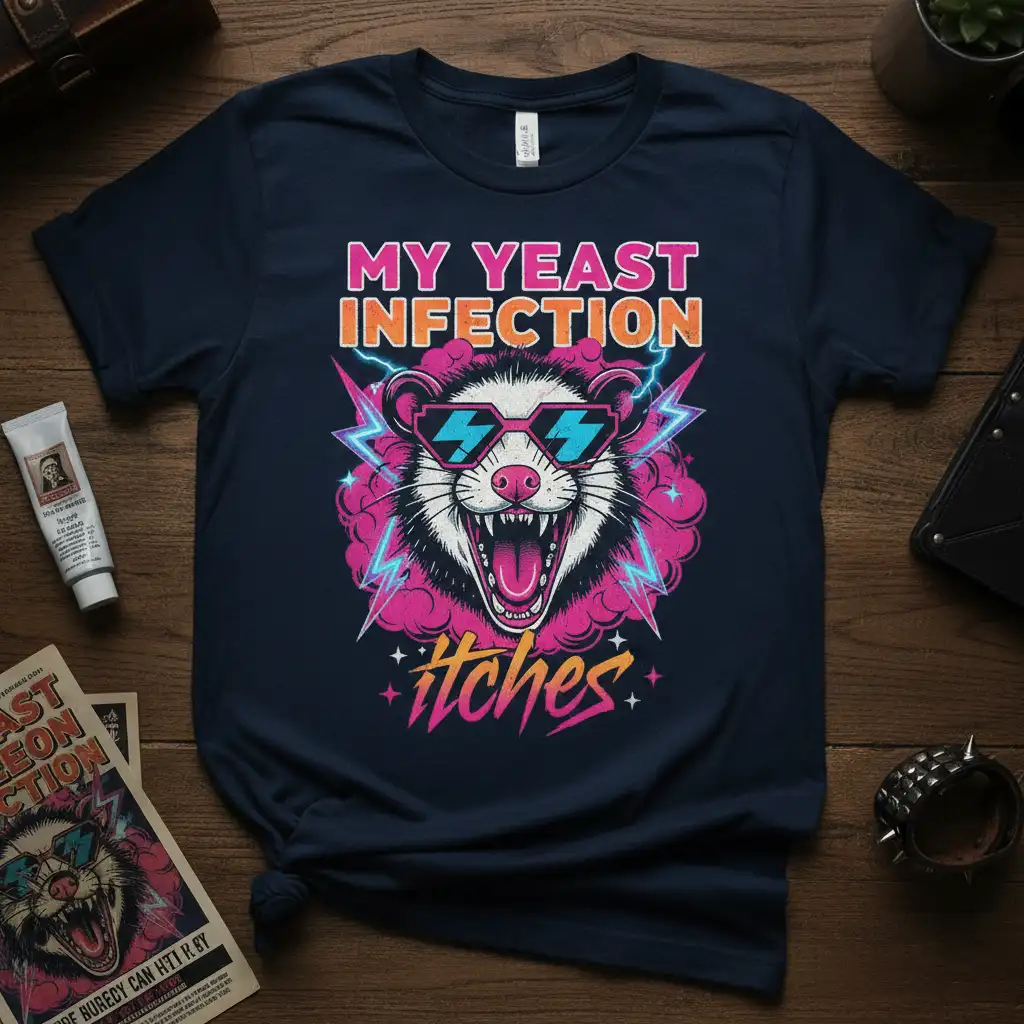 My Yeast Infection Itches humorous opossum graphic tee with retro 80s design elements and bold text