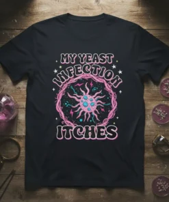 My Yeast Infection Itches t-shirt with a pink and blue microbe graphic and bold text