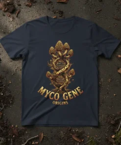 Myco Gene Origins t-shirt design with a golden DNA helix intertwined with mushroom branches, featuring text "MYCO GENE ORIGINS"