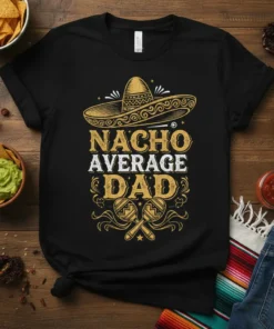 Nacho Average Dad t-shirt with sombrero and maracas graphic, featuring bold typography in gold and white