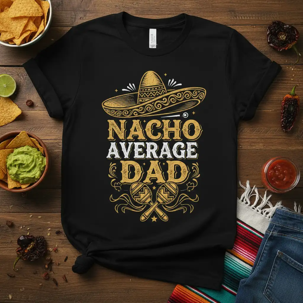 Nacho Average Dad t-shirt design with sombrero and maracas, featuring playful typography