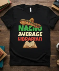 Nacho Average Librarian t-shirt design featuring a sombrero, stacked text, and an open book graphic