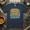 Nacho Average School Custodian t-shirt design with cartoon nachos, cleaning supplies, and a smiling custodian character