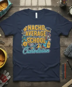 Nacho Average School Custodian t-shirt design with cartoon nachos, cleaning supplies, and a smiling custodian character