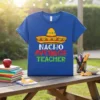 Blue t-shirt with "Nacho Average Teacher" text and a sombrero graphic, perfect for educators