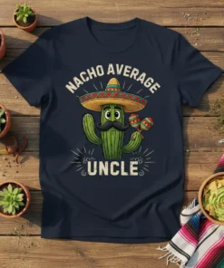 Nacho Average Uncle t-shirt design featuring a cactus wearing a sombrero and holding maracas, with "Nacho Average Uncle" text