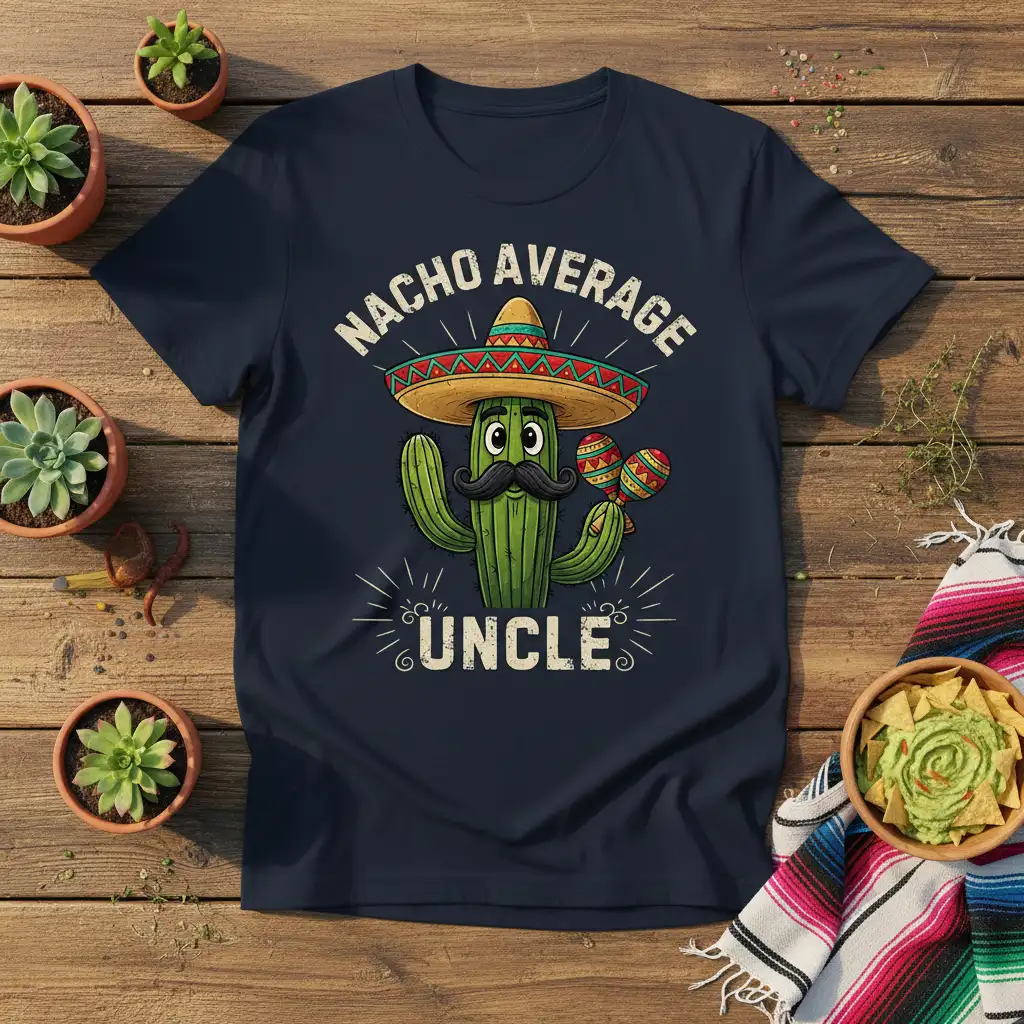 Nacho Average Uncle text with a cartoon cactus wearing a sombrero and holding maracas, perfect for uncle gifts