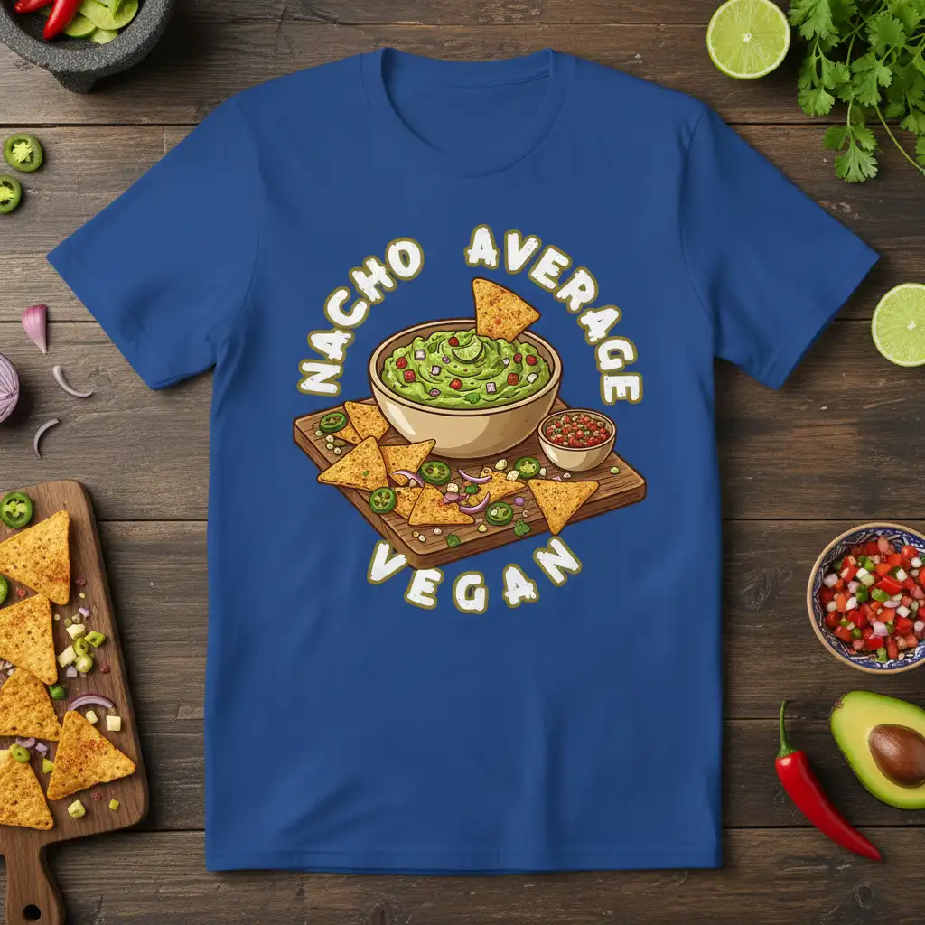 Nacho Average Vegan t-shirt design with guacamole, tortilla chips, and salsa illustration