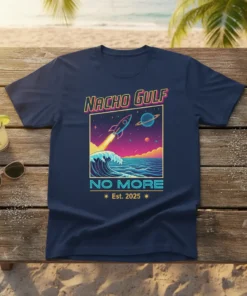 Nacho Gulf No More Est. 2025 t-shirt with retro rocket launching over ocean waves under a starry sky