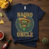 Nacho Uncle t-shirt design featuring a cactus wearing a sombrero and sunglasses, holding a plate of nachos