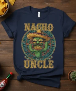 Nacho Uncle t-shirt design featuring a cactus wearing a sombrero and sunglasses, holding a plate of nachos