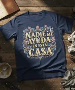 Nadie Me Ayuda En Esta Casa Spanish quote t-shirt with ornate floral border and small figures