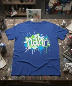 Nah graffiti spray paint design on a blue t-shirt, featuring white and green lettering with blue and green splatters