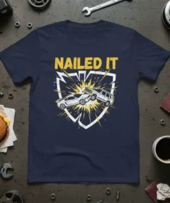 Nailed It t-shirt design with a graphic of two cars colliding, yellow burst, and white shield outline
