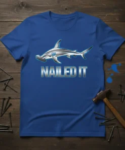 Nailed It Hammerhead Shark T-Shirt with bold text and a metallic shark graphic