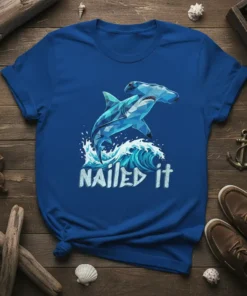 Hammerhead shark jumping over a wave with "Nailed It" text, cool geometric design, blue t-shirt