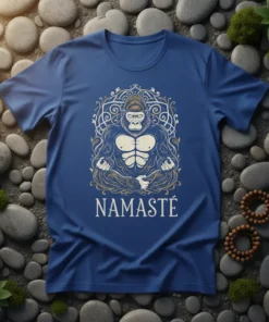 Gorilla meditating with 'Namasté' text, on a blue t-shirt, surrounded by stones and moss