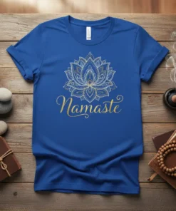 Namaste T-Shirt with intricate lotus flower design in gold and white on a royal blue tee