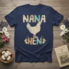 Nana Hen t-shirt design featuring colorful text and a floral chicken graphic