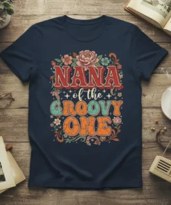Nana of the Groovy One retro t-shirt design with bold, colorful typography and floral accents