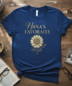 Nana's Favourate text with a detailed sunflower graphic on a navy blue t-shirt