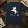 Napoleons text with laurel wreath and graphic of Napoleon on a white horse, dark navy t-shirt