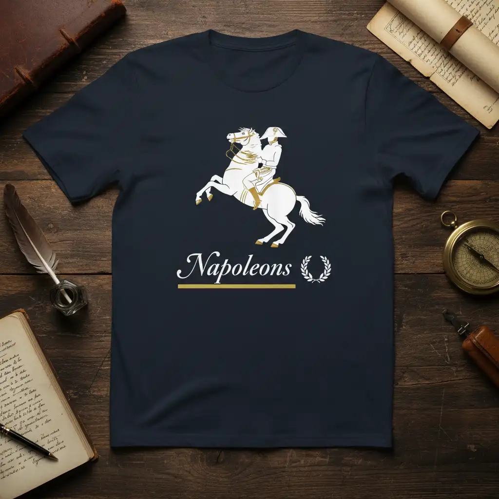Napoleons text and iconic Napoleon Bonaparte equestrian graphic on a dark navy tee