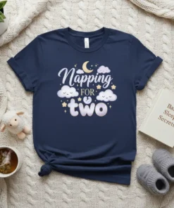 Napping for two quote with clouds, stars, and moon on a navy t-shirt, perfect for twin moms