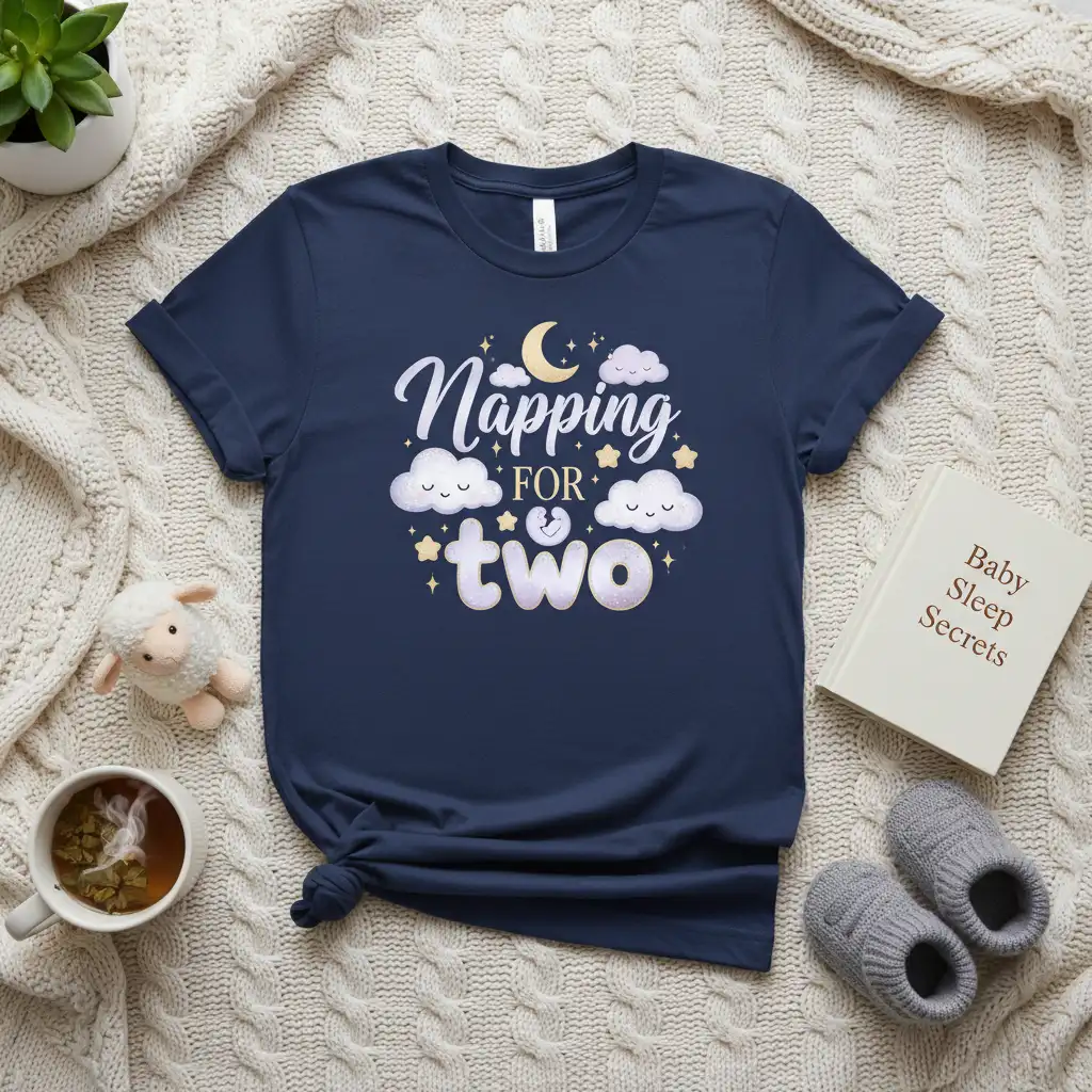 Napping for two quote with dreamy clouds and stars on a navy blue t-shirt, ideal for expecting mothers