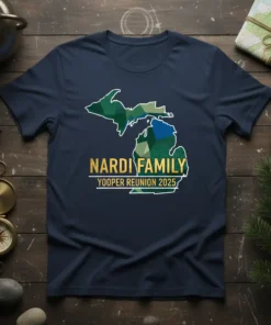 Nardi Family Yooper Reunion 2025 t-shirt design featuring a geometric Michigan map graphic and golden text