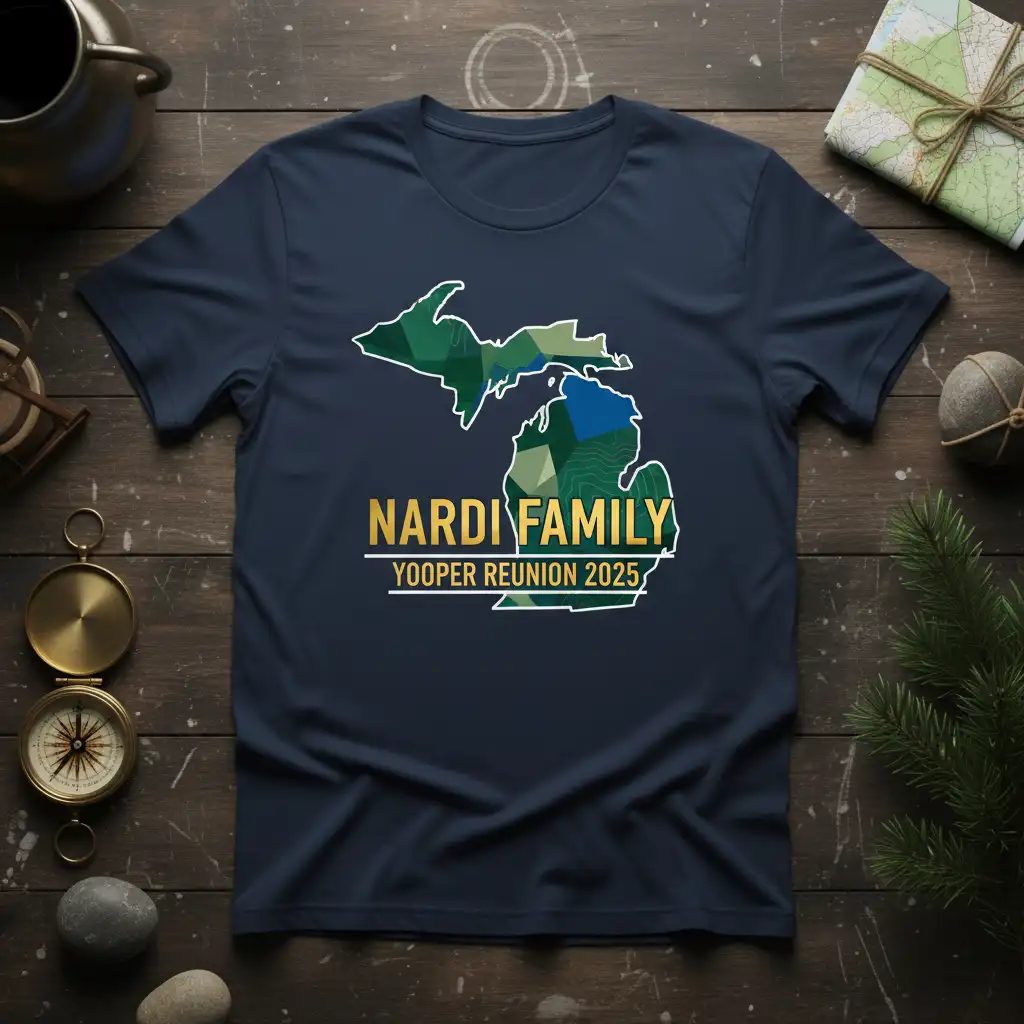 Nardi Family Yooper Reunion 2025 text design with geometric Michigan map graphic on navy t-shirt