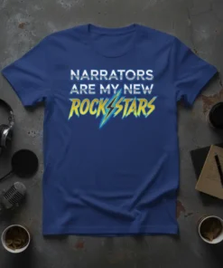 Blue t-shirt with white and yellow text reading "Narrators Are My New Rockstars" and a lightning bolt graphic